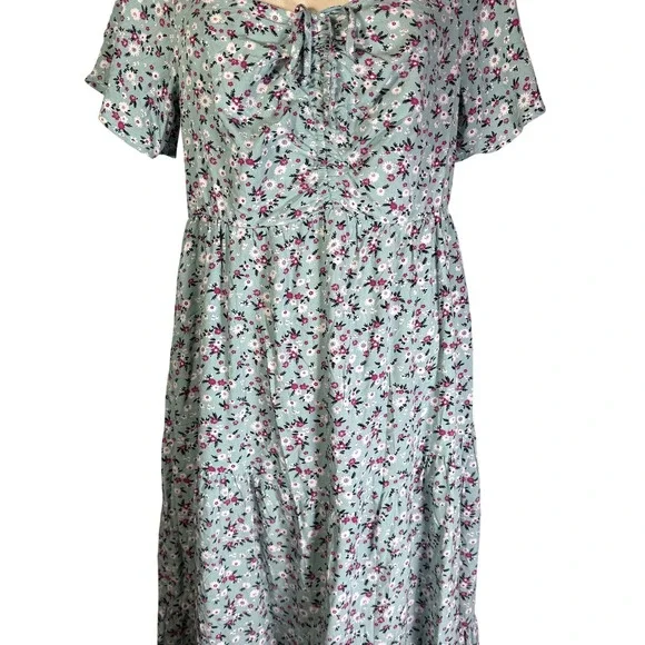 NWT BloomChic Floral Tiered Midi Dress Light Blue Pink Square Neck Pockets US 12 - Picture 5 of 12